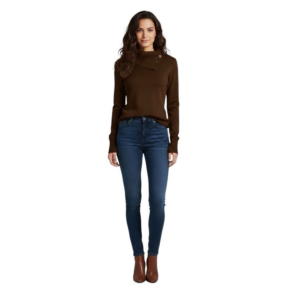 Banana Republic XS Brown Sweater Button Cowl Neck Rib Knit Pullover EUC B-10 - Picture 2 of 6